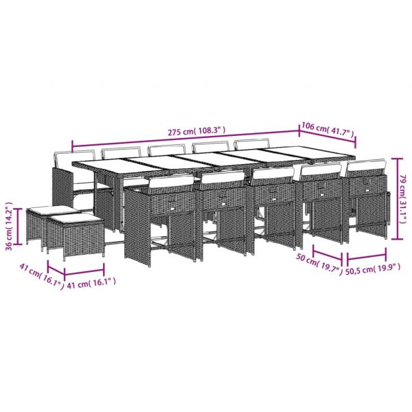 15-tlg. Garten-Essgruppe mit Kissen Hellgrau Poly Rattan