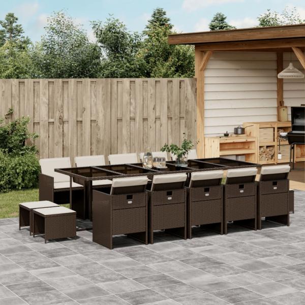 ARDEBO.de - 15-tlg. Garten-Essgruppe mit Kissen Braun Poly Rattan