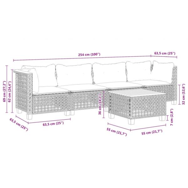 5-tlg. Garten-Sofagarnitur mit Kissen Grau Poly Rattan