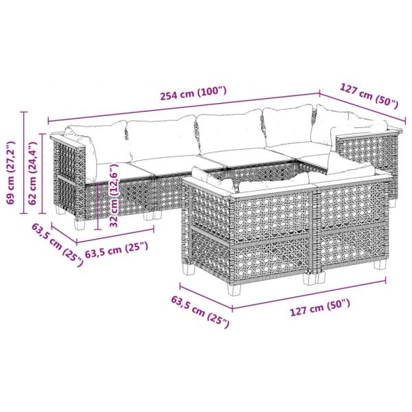 7-tlg. Garten-Sofagarnitur mit Kissen Grau Poly Rattan