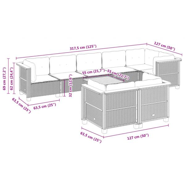 9-tlg. Garten-Sofagarnitur mit Kissen Schwarz Poly Rattan