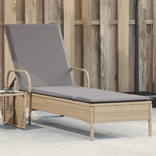 ARDEBO.de - Sonnenliege mit Rollen und Auflage Beige Poly Rattan