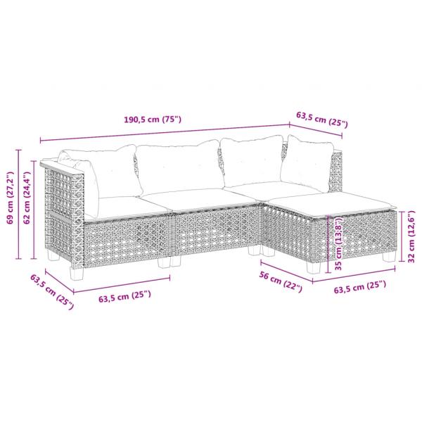 4-tlg. Garten-Sofagarnitur mit Kissen Grau Poly Rattan