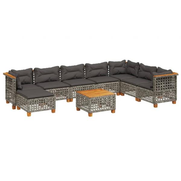 9-tlg. Garten-Sofagarnitur mit Kissen Grau Poly Rattan