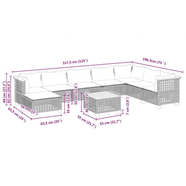 9-tlg. Garten-Sofagarnitur mit Kissen Grau Poly Rattan