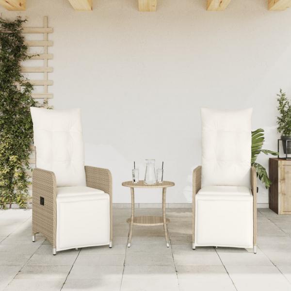 Gartensessel 2 Stk. Verstellbar mit Tisch Beige Poly Rattan