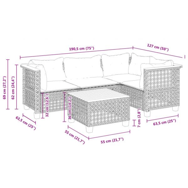 5-tlg. Garten-Sofagarnitur mit Kissen Grau Poly Rattan