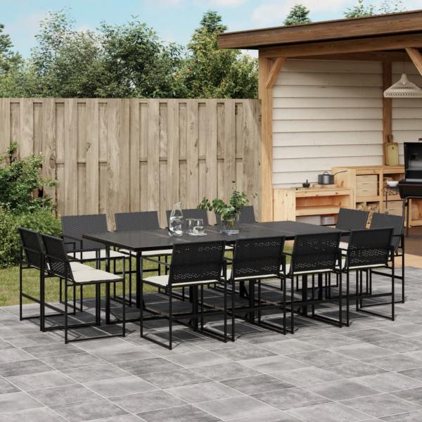 ARDEBO.de - 13-tlg. Garten-Essgruppe mit Kissen Schwarz Poly Rattan