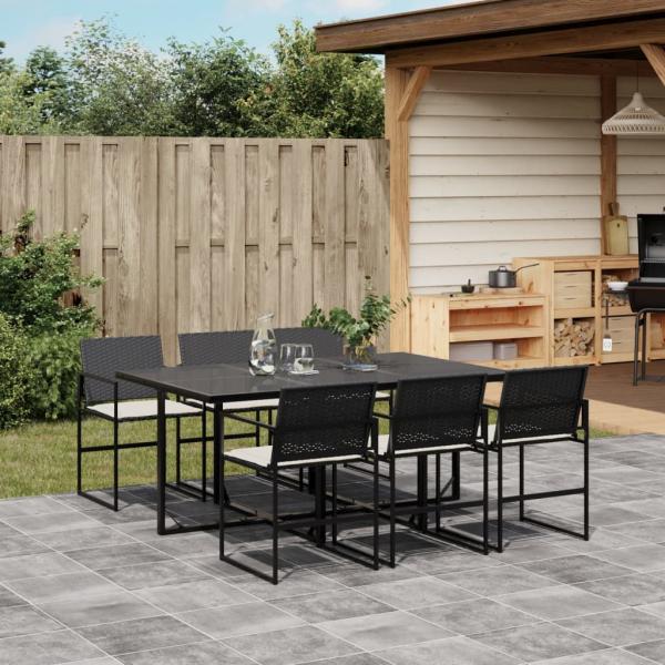 ARDEBO.de - 7-tlg. Garten-Essgruppe mit Kissen Schwarz Poly Rattan