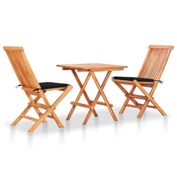 ARDEBO.de - 3-tlg. Bistroset mit Schwarzen Kissen Massivholz Teak