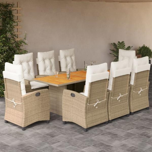 ARDEBO.de - 9-tlg. Garten-Essgruppe mit Kissen Beige Poly Rattan