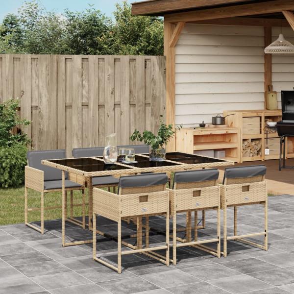 ARDEBO.de - 7-tlg. Garten-Essgruppe mit Kissen Beigemischung Poly Rattan