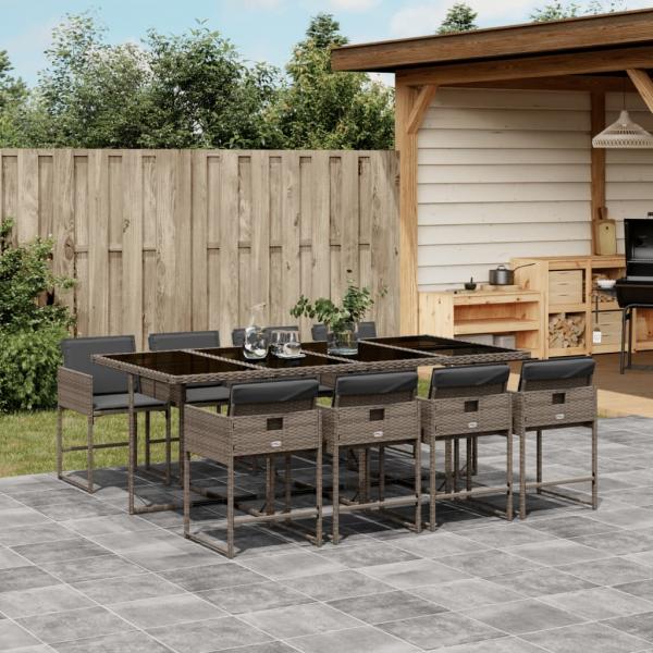 ARDEBO.de - 9-tlg. Garten-Essgruppe mit Kissen Grau Poly Rattan