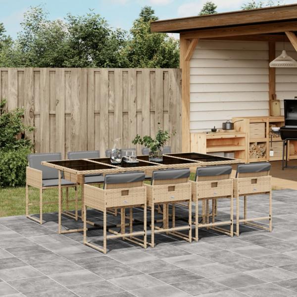 ARDEBO.de - 9-tlg. Garten-Essgruppe mit Kissen Beigemischung Poly Rattan