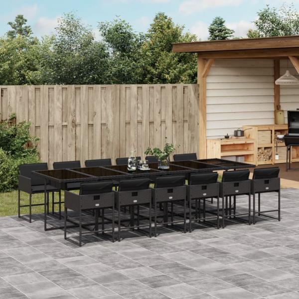 ARDEBO.de - 13-tlg. Garten-Essgruppe mit Kissen Schwarz Poly Rattan