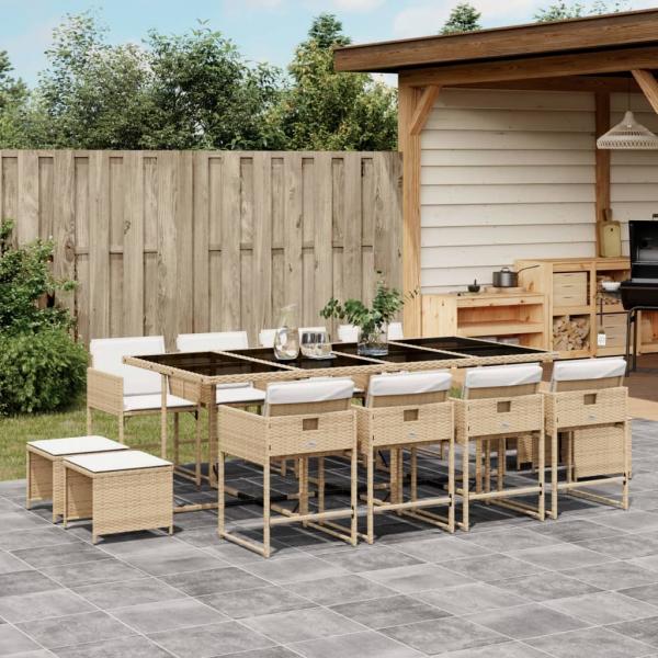 ARDEBO.de - 13-tlg. Garten-Essgruppe mit Kissen Beige Poly Rattan