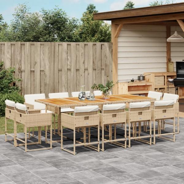 ARDEBO.de - 13-tlg. Garten-Essgruppe mit Kissen Beige Poly Rattan