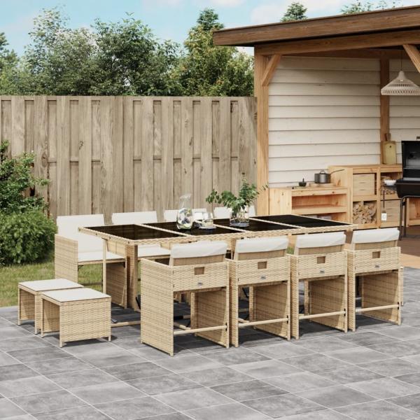 ARDEBO.de - 13-tlg. Garten-Essgruppe mit Kissen Beige Poly Rattan