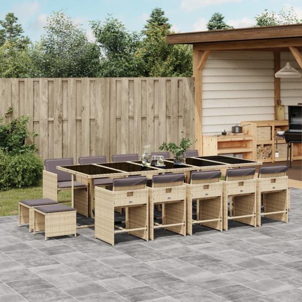 ARDEBO.de - 15-tlg. Garten-Essgruppe mit Kissen Beigemischung Poly Rattan