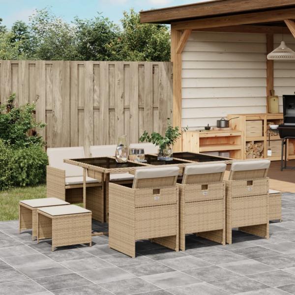 ARDEBO.de - 11-tlg. Garten-Essgruppe mit Kissen Beige Poly Rattan