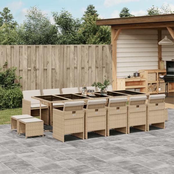 ARDEBO.de - 15-tlg. Garten-Essgruppe mit Kissen Beige Poly Rattan