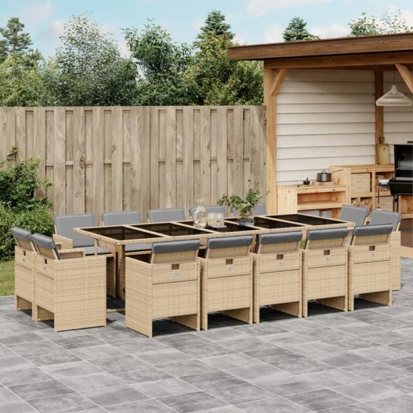 ARDEBO.de - 15-tlg. Garten-Essgruppe mit Kissen Beigemischung Poly Rattan