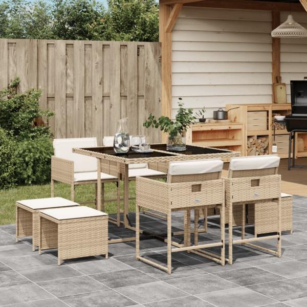 ARDEBO.de - 9-tlg. Garten-Essgruppe mit Kissen Beige Poly Rattan