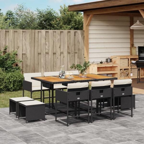 ARDEBO.de - 11-tlg. Garten-Essgruppe mit Kissen Schwarz Poly Rattan