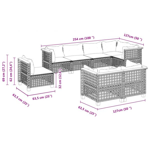 8-tlg. Garten-Sofagarnitur mit Kissen Grau Poly Rattan