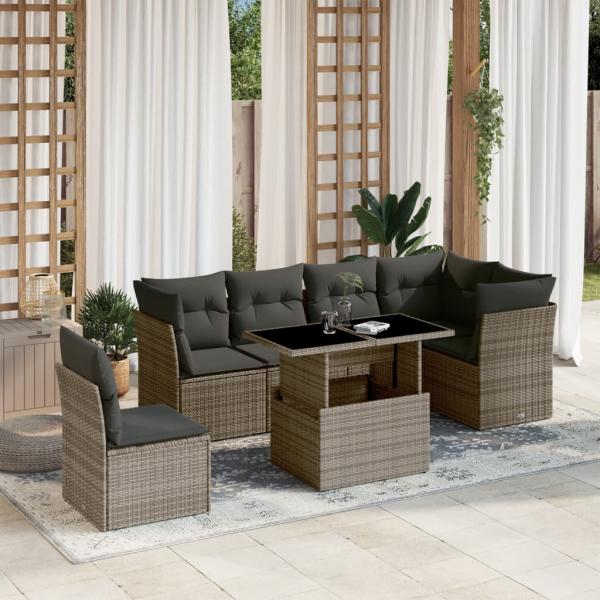 ARDEBO.de - 7-tlg. Garten-Sofagarnitur mit Kissen Grau Poly Rattan