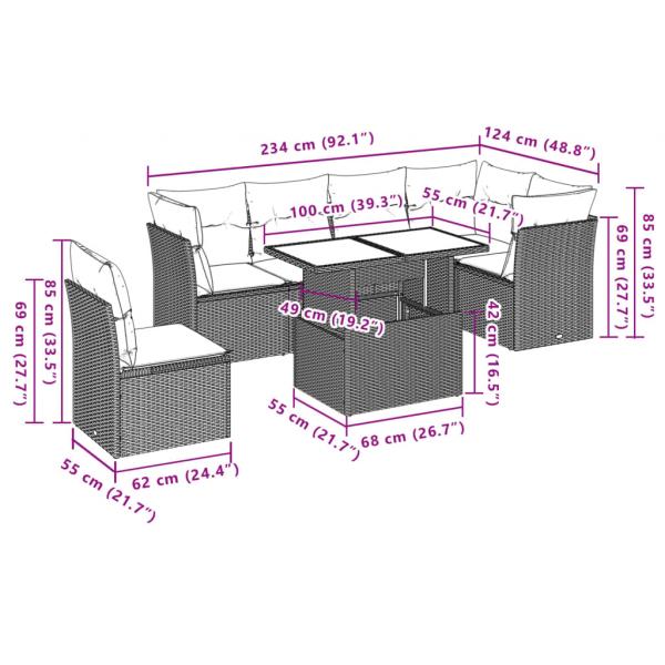 7-tlg. Garten-Sofagarnitur mit Kissen Grau Poly Rattan