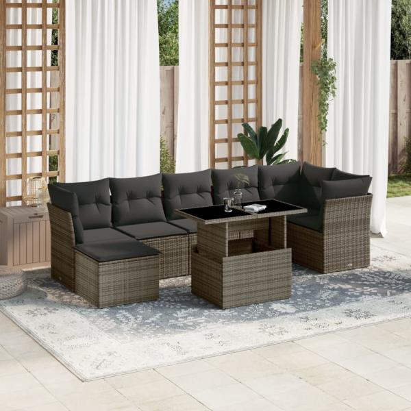 ARDEBO.de - 8-tlg. Garten-Sofagarnitur mit Kissen Grau Poly Rattan