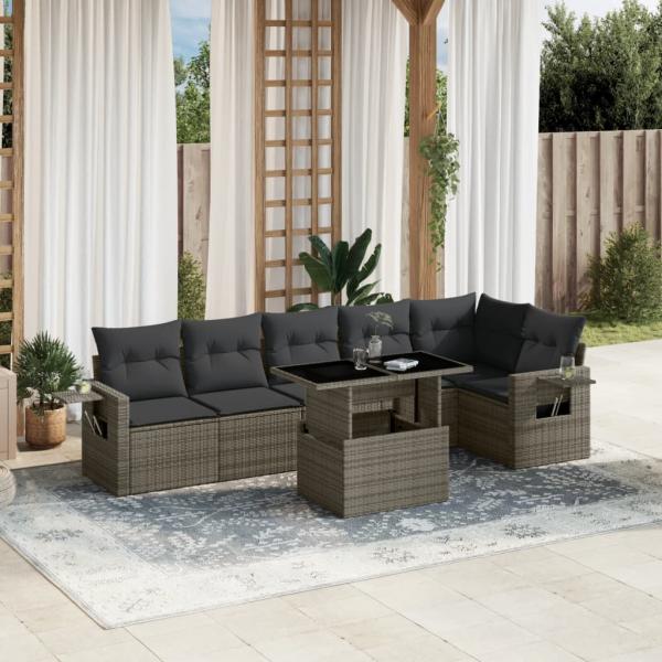 ARDEBO.de - 7-tlg. Garten-Sofagarnitur mit Kissen Grau Poly Rattan