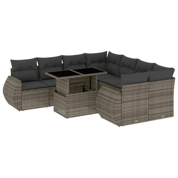 9-tlg. Garten-Sofagarnitur mit Kissen Grau Poly Rattan