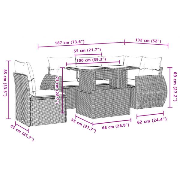 6-tlg. Garten-Sofagarnitur mit Kissen Grau Poly Rattan