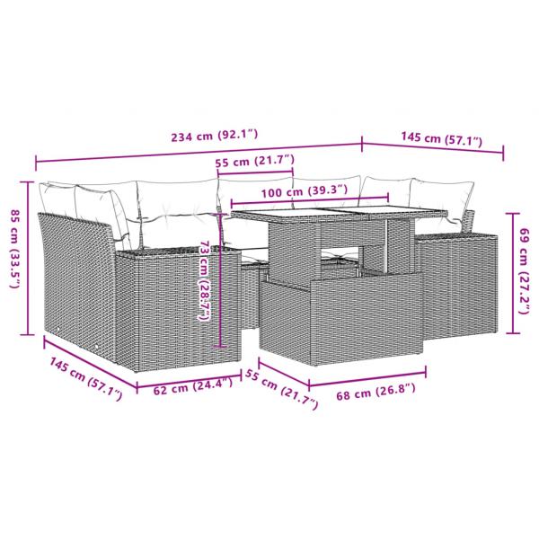 7-tlg. Garten-Sofagarnitur mit Kissen Grau Poly Rattan