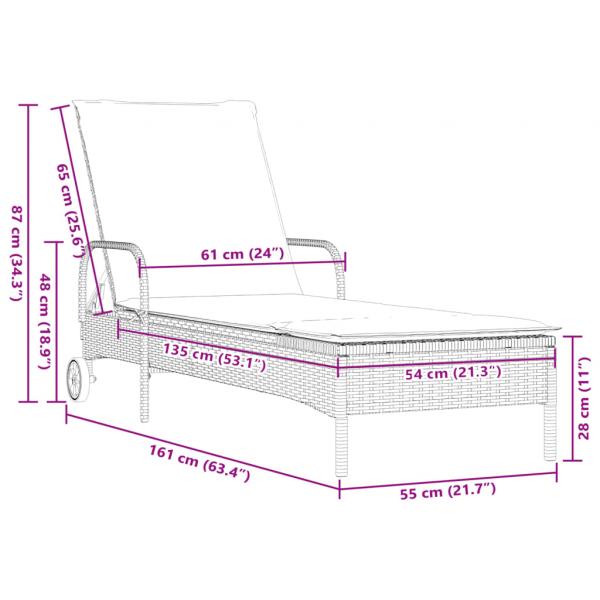 Sonnenliege mit Rollen und Auflage Grau Poly Rattan