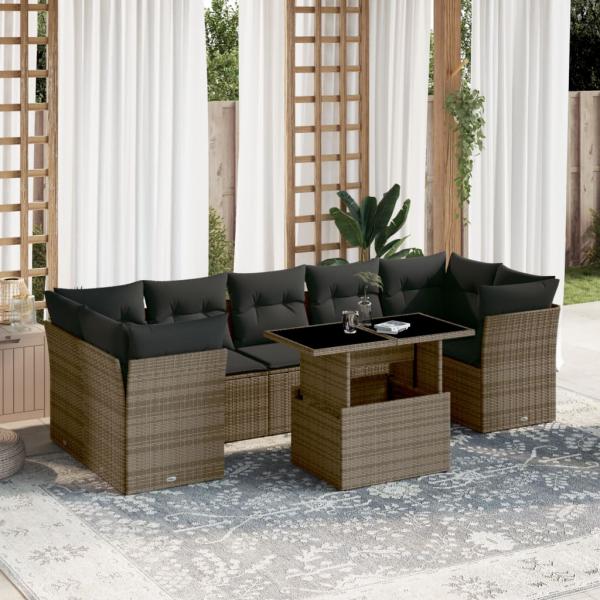 ARDEBO.de - 8-tlg. Garten-Sofagarnitur mit Kissen Grau Poly Rattan