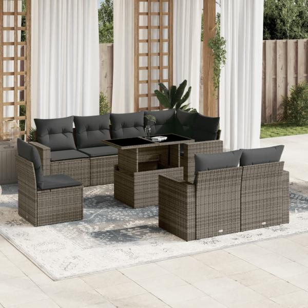 ARDEBO.de - 9-tlg. Garten-Sofagarnitur mit Kissen Grau Poly Rattan