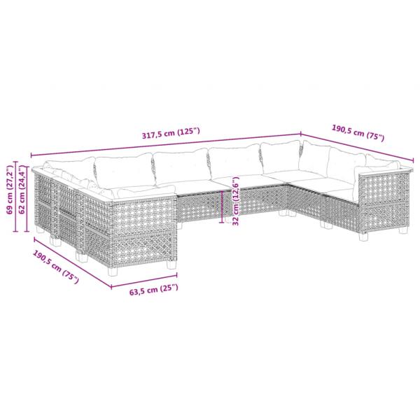 9-tlg. Garten-Sofagarnitur mit Kissen Grau Poly Rattan