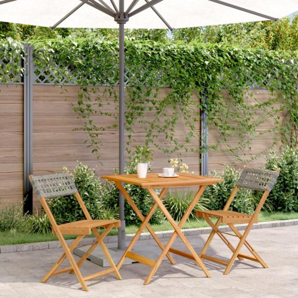 ARDEBO.de - 3-tlg. Bistro-Set Grau Poly Rattan und Massivholz