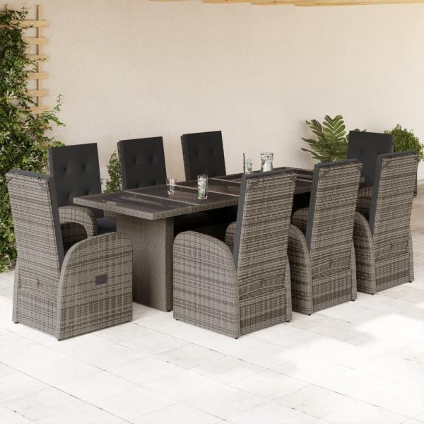 ARDEBO.de - 9-tlg. Garten-Essgruppe mit Kissen Grau Poly Rattan