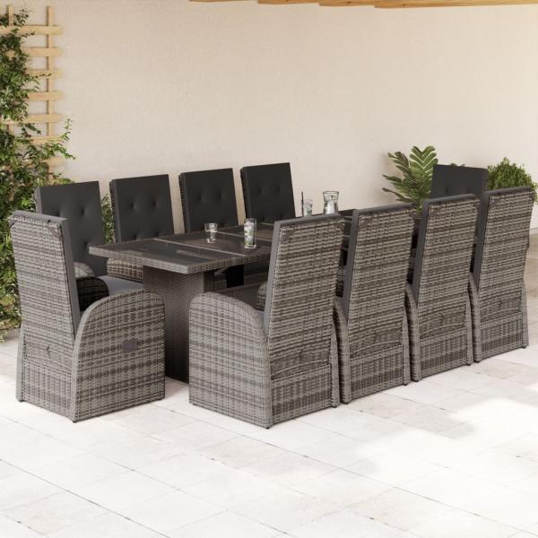 ARDEBO.de - 11-tlg. Garten-Essgruppe mit Kissen Grau Poly Rattan