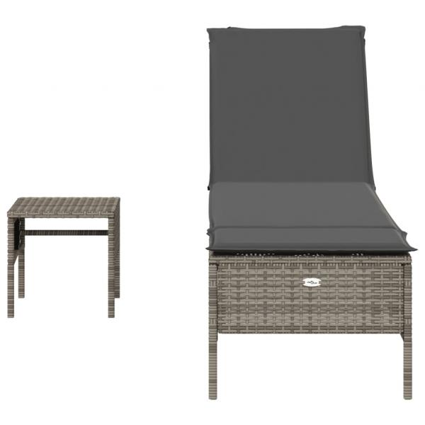 Sonnenliege mit Tisch und Auflage Grau Poly Rattan