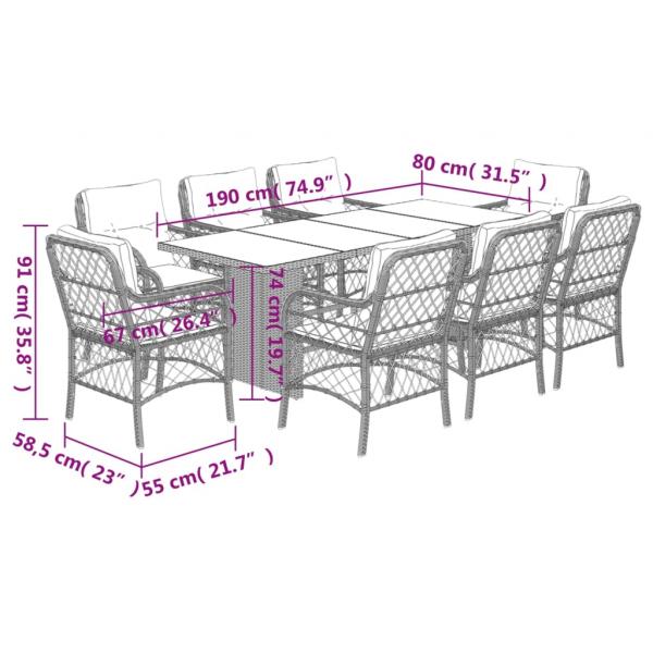 9-tlg. Garten-Essgruppe mit Kissen Grau Poly Rattan