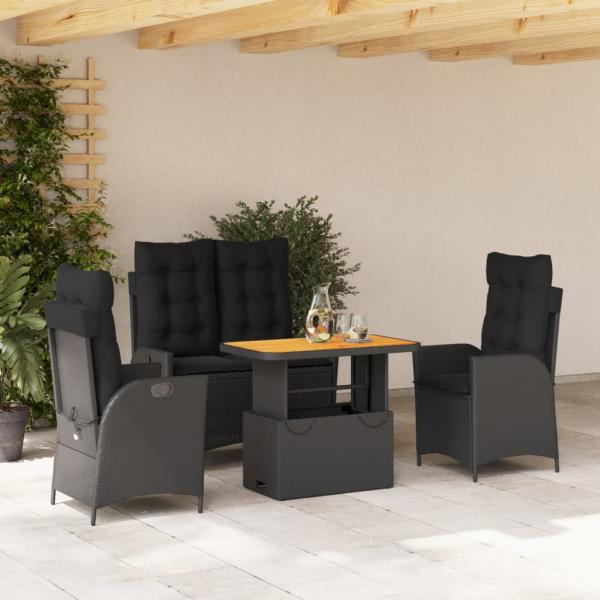 ARDEBO.de - 4-tlg. Garten-Essgruppe mit Kissen Schwarz Poly Rattan