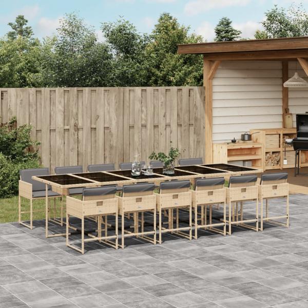 ARDEBO.de - 13-tlg. Garten-Essgruppe mit Kissen Beigemischung Poly Rattan