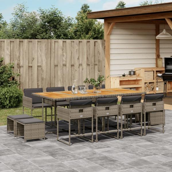 ARDEBO.de - 13-tlg. Garten-Essgruppe mit Kissen Grau Poly Rattan