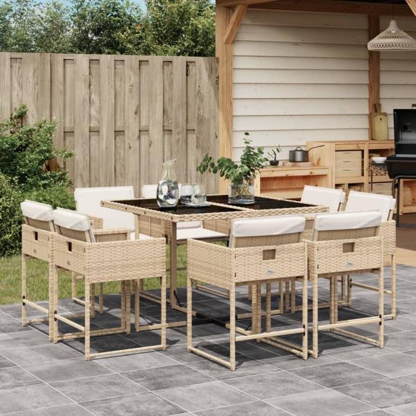 ARDEBO.de - 9-tlg. Garten-Essgruppe mit Kissen Beige Poly Rattan