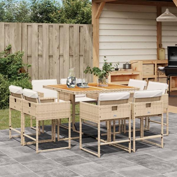 ARDEBO.de - 9-tlg. Garten-Essgruppe mit Kissen Beige Poly Rattan